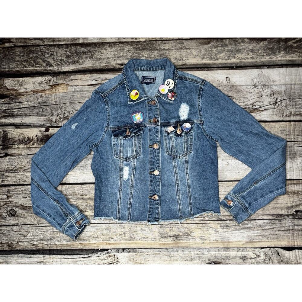 CI SONO Womens Cropped Denim Jean Jacket Size Medium Patches & Pins